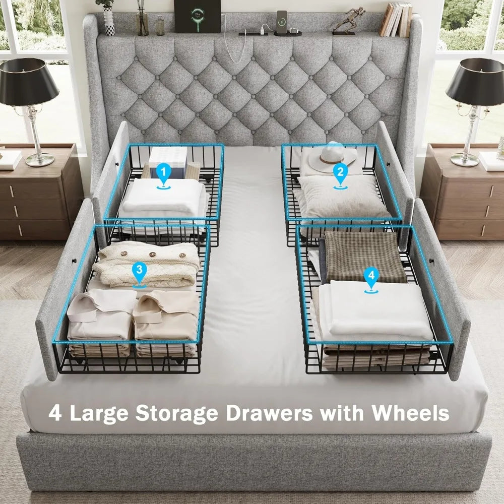 RBXC Bed Frame With Storage Drawers And Wingback Headboard