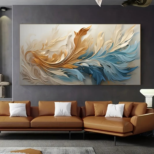 Modern Abstract Gold Feather Canvas Art with Pine Frame for Elegant Decor