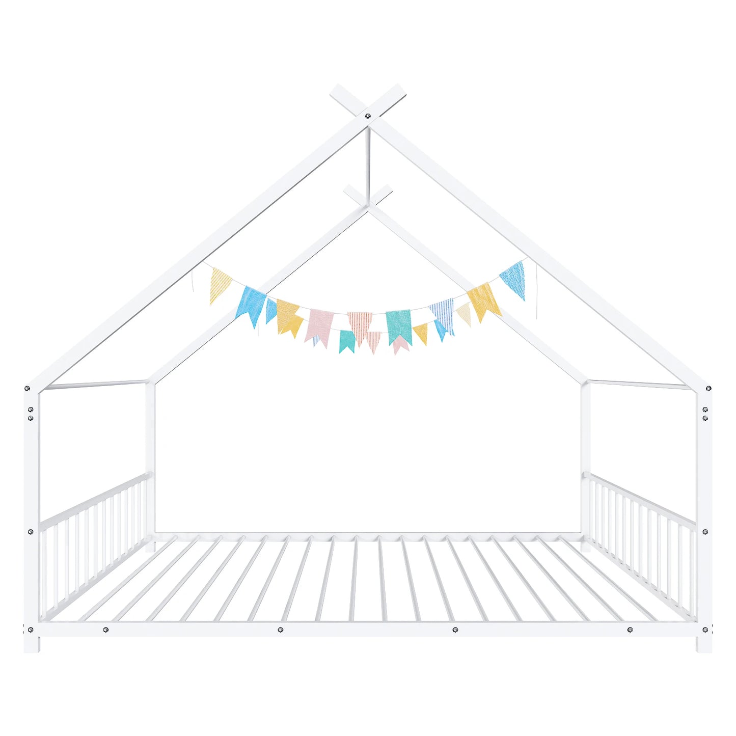 Hign-concerned White Flat Bed House Shape Twin Iron Bed