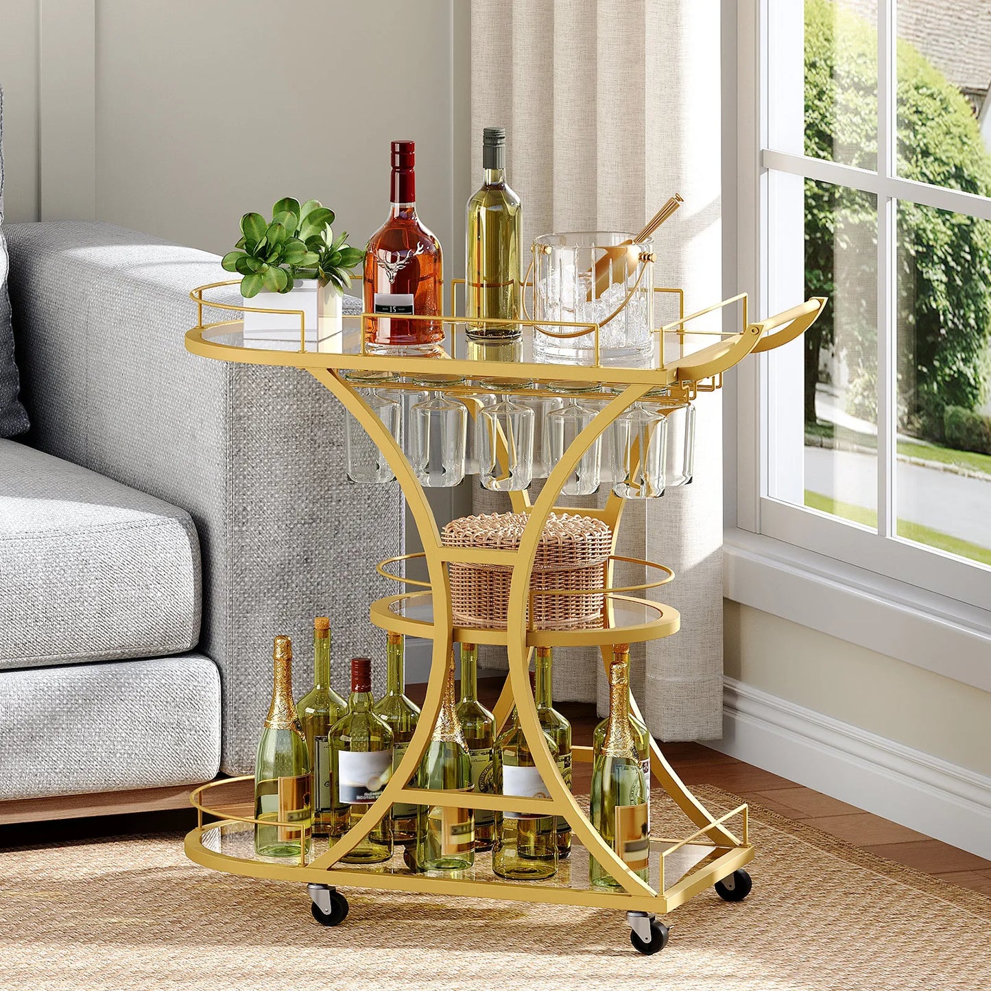 HOOBRO Bar Cart with Wheels and Tempered Glass Shelves