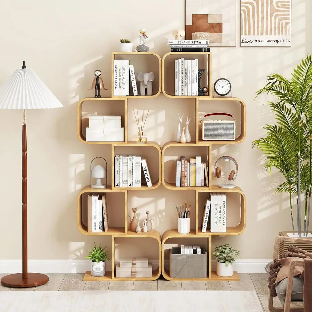 Five Tier Bamboo S Shaped Bookshelf With Open Cubes