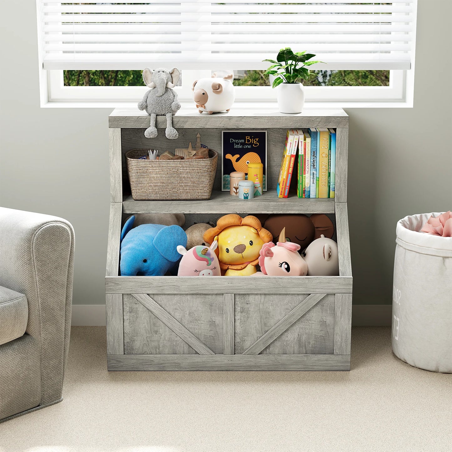 Kids Wooden Toy Storage Organizer With Cubby Bookcase Playroom
