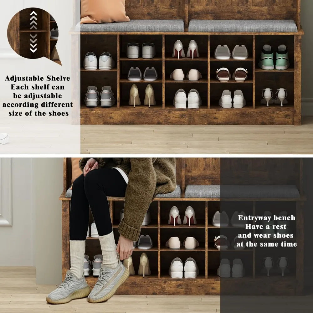 Farmhouse Hall Tree With Bench Shoe Storage Coat Rack
