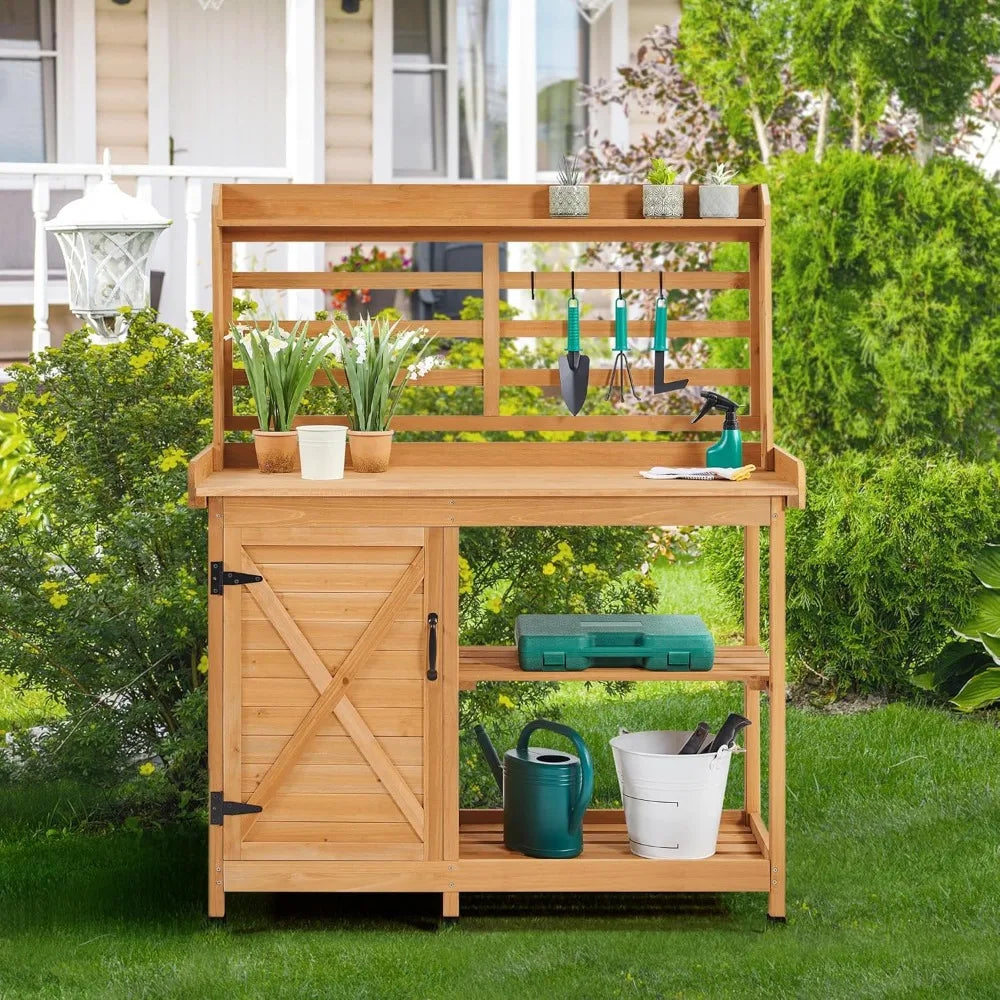Outdoor Potting Bench Work Table With Storage Cabinet Shelf