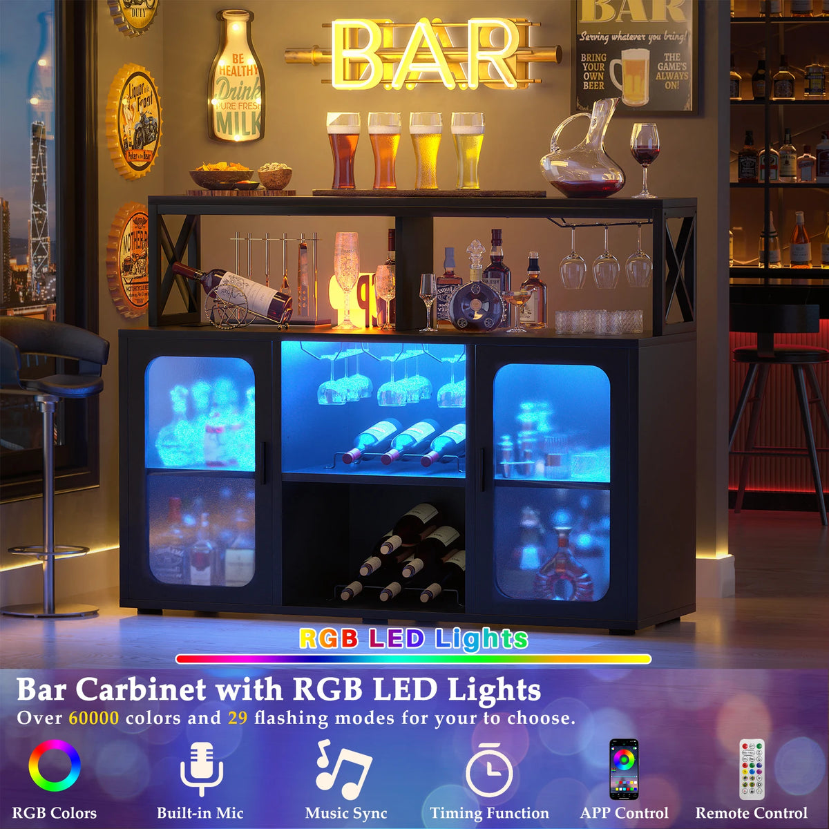 Aheaplus Bar Cabinet With LED Lights And Wine Storage