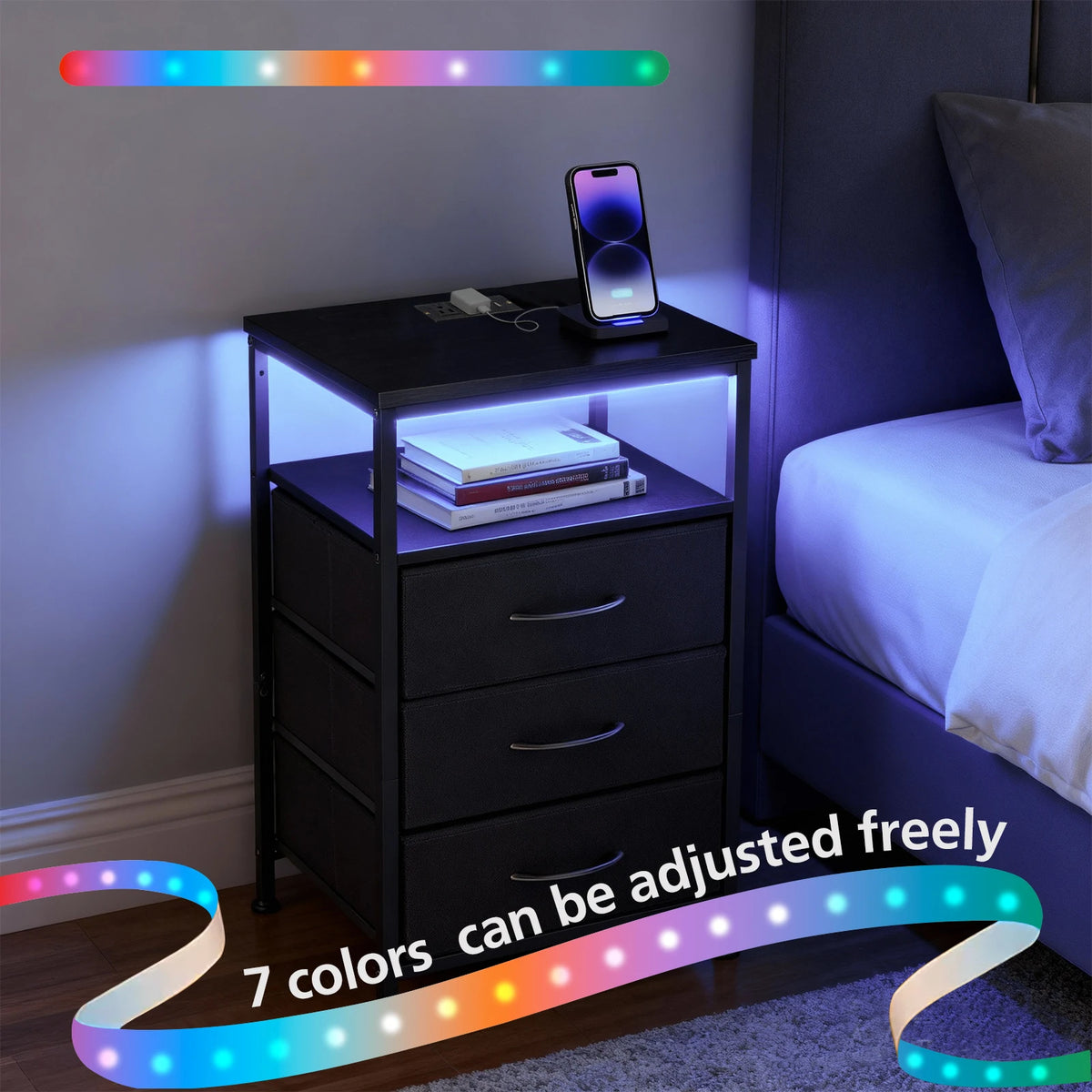 JHK Fabric Drawer Nightstand With Charging Station USB Ports