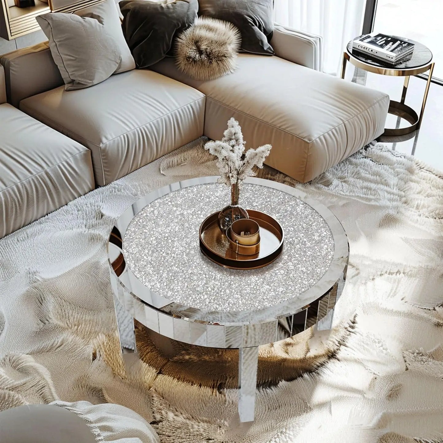 Round Mirrored Coffee Table With Crushed Diamond Glass Top