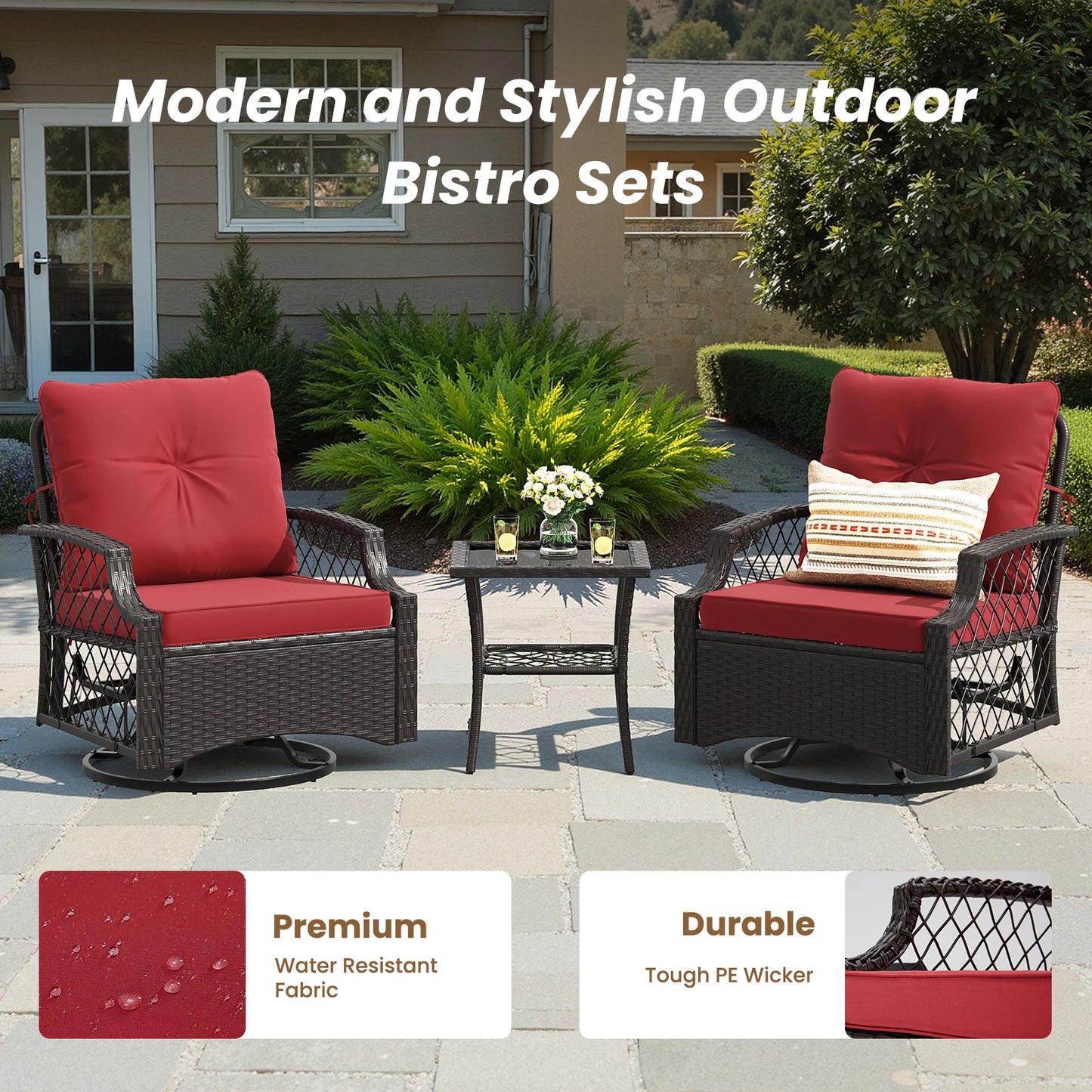 3 Piece Swivel Patio Bistro Set Outdoor Wicker Chairs