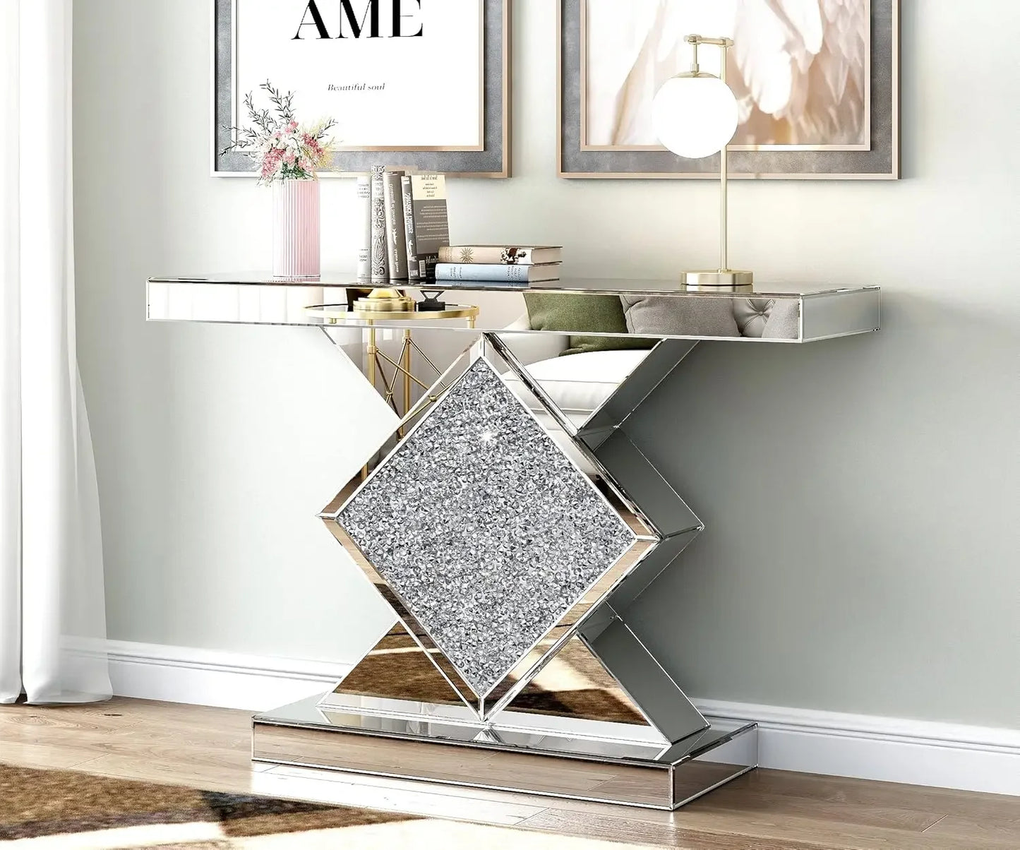 SHYFOY Mirrored Diamond Accent Console Table For Foyer