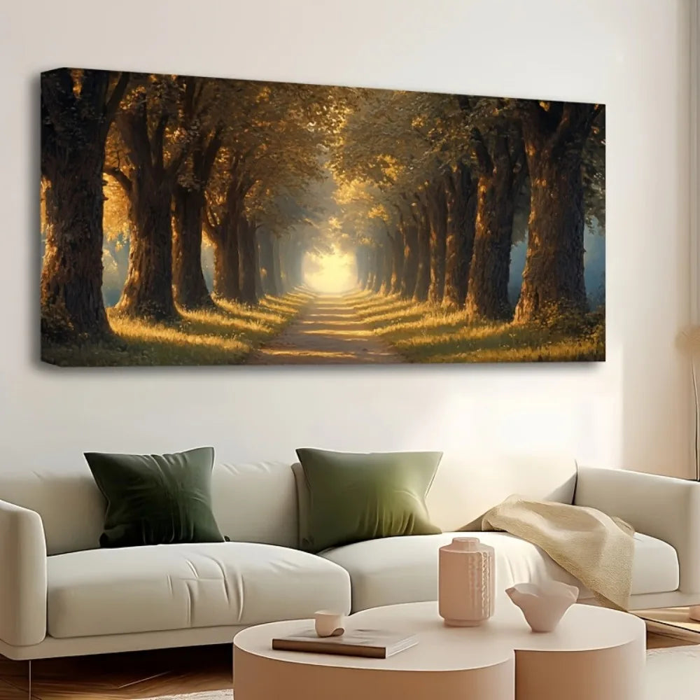 Hand-Painted Yellow Forest Art Autumn Landscape Oil Painting in Pine Frame