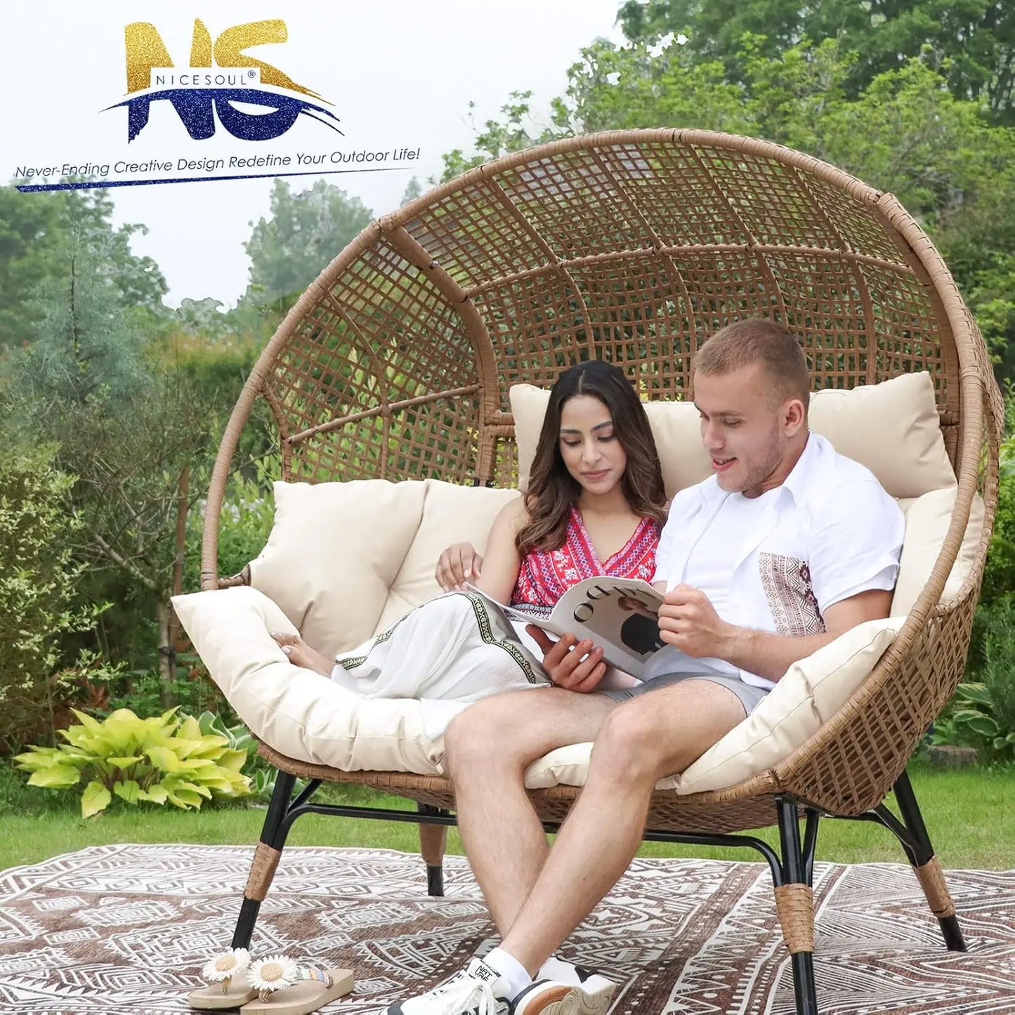 XMSJ Double Egg Chair Indoor Outdoor Weatherproof Cushioned Loveseat