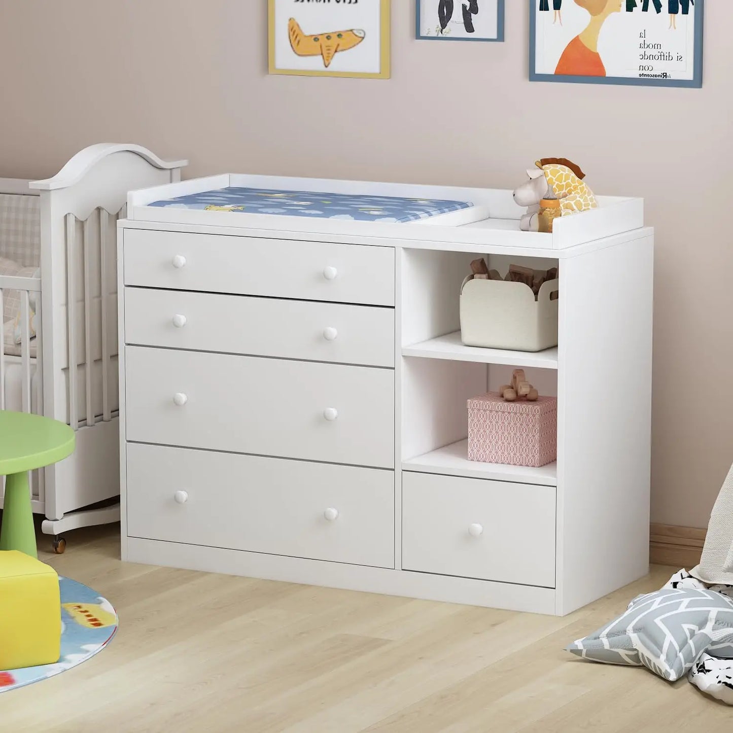 XMSJ Nursery Dresser With 5 Drawers And Shelves