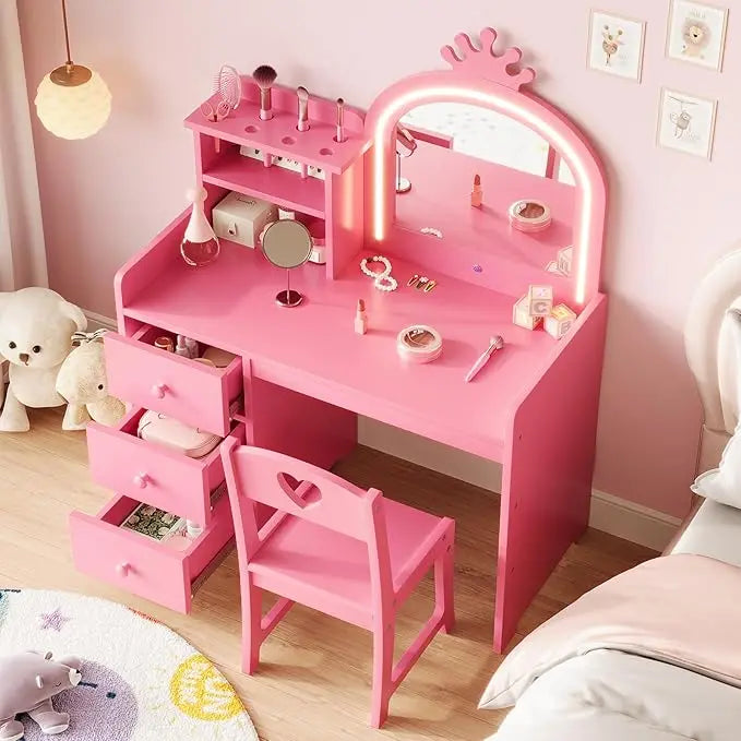 Kids Vanity With Lights Princess Makeup Desk Chair