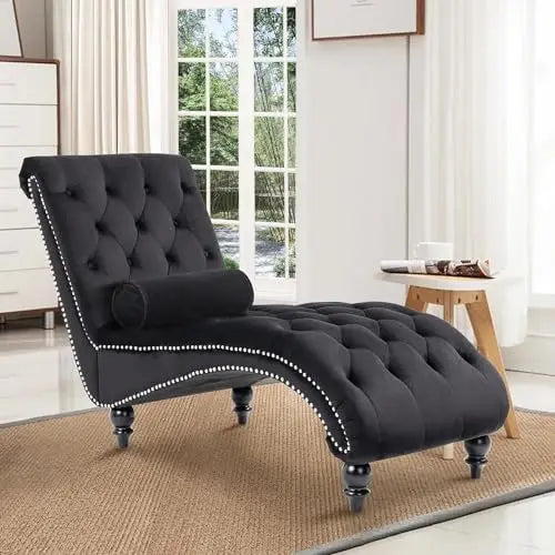Tufted Velvet Chaise Lounge Chair With Premium Wood Legs