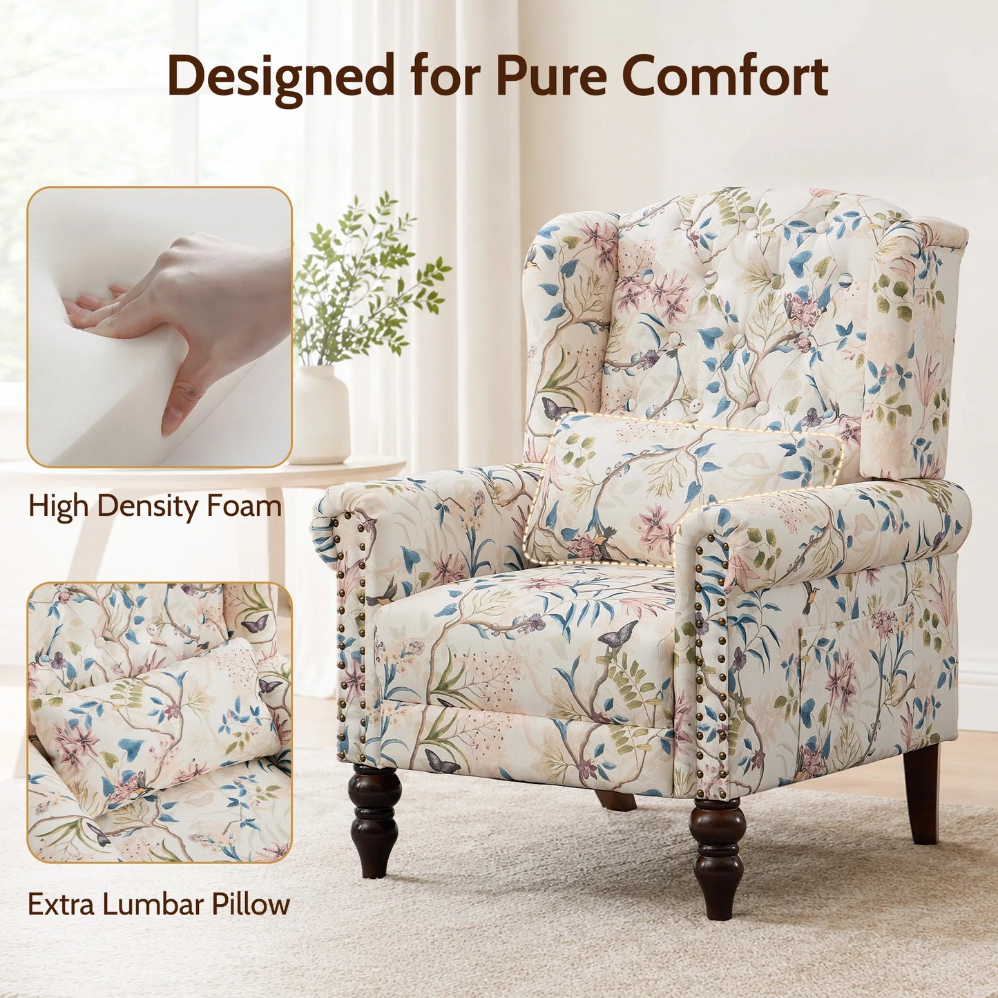 TCGBKAF Vintage Floral Wingback Club Accent Chair