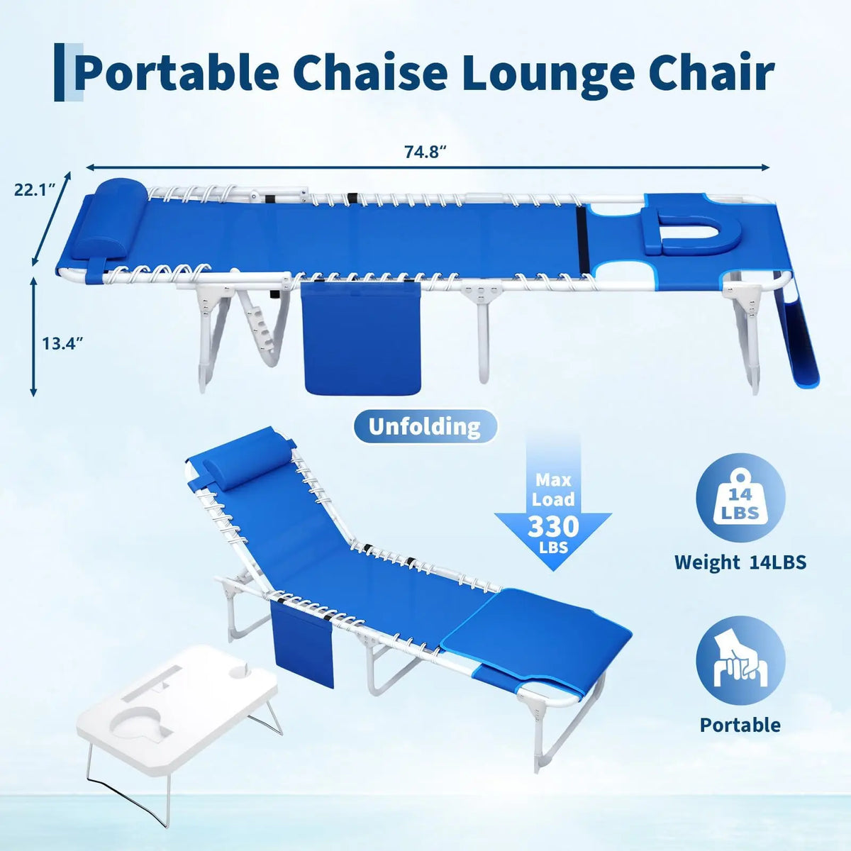 HiMiss 3In1 Reclining Outdoor Beach Lounge Chair With Tray