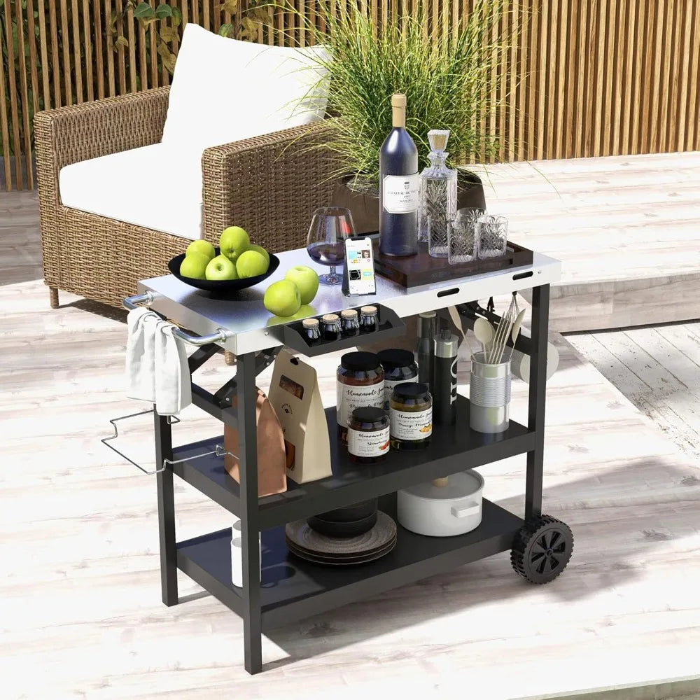 Portable Outdoor Grill Stand With Wheels And Storage Shelves