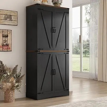 71 Inch Tall Farmhouse Pantry Cabinet with Adjustable Shelves and Steel Pipe