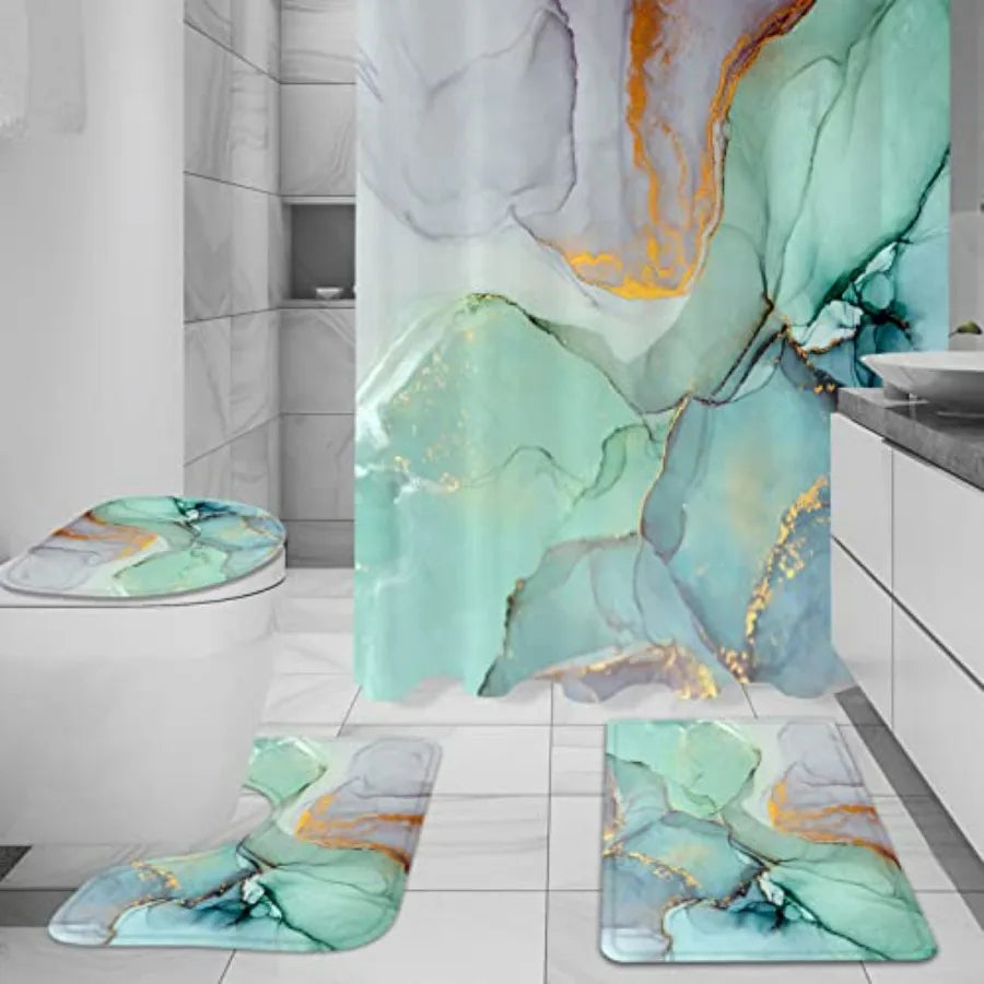 Shower Curtain Ensemble With Toilet Lid Cover Bath Mat