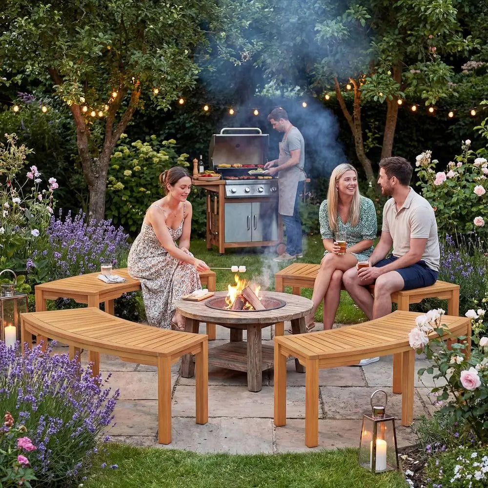 Outdoor Curved Acacia Wood Bench For Fire Pit And Two Person Seating