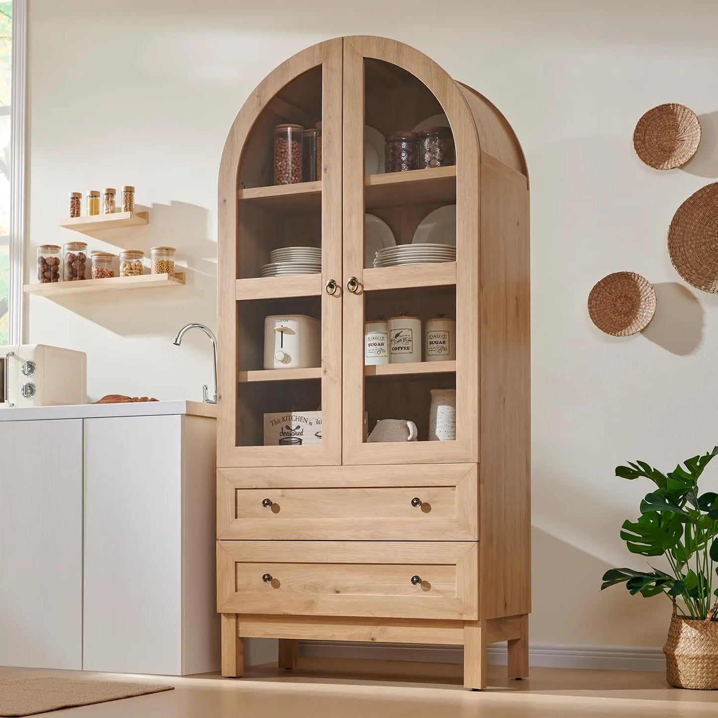 Arched Bathroom Storage Cabinet With 4-Tier Shelves And Drawers