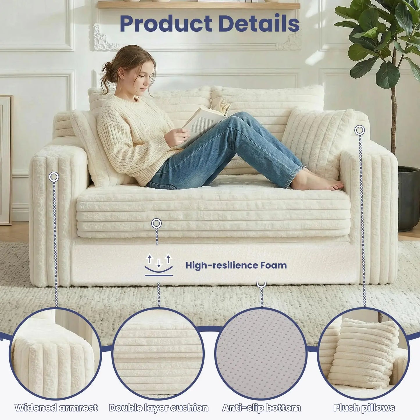 Furry 3-In-1 Convertible Sofa Bed With Detachable Cushions And 4 Pillows