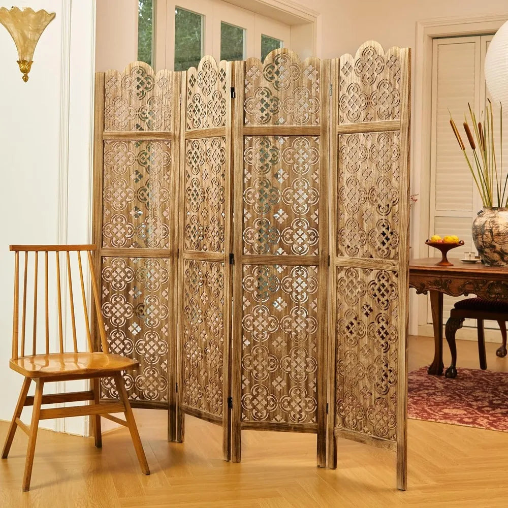 Folding Room Divider Four Panel Wood Carved Privacy Screen