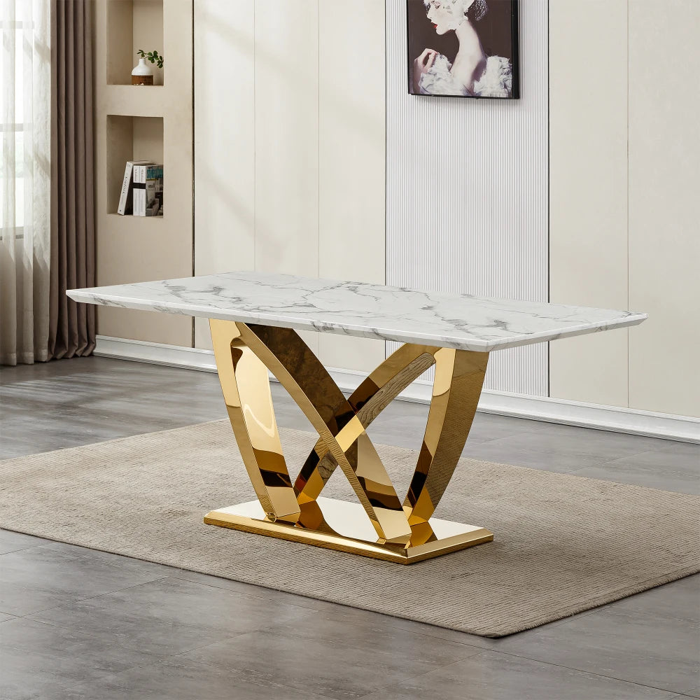 Dutrieux Modern Faux Marble Dining Table With Gold Legs