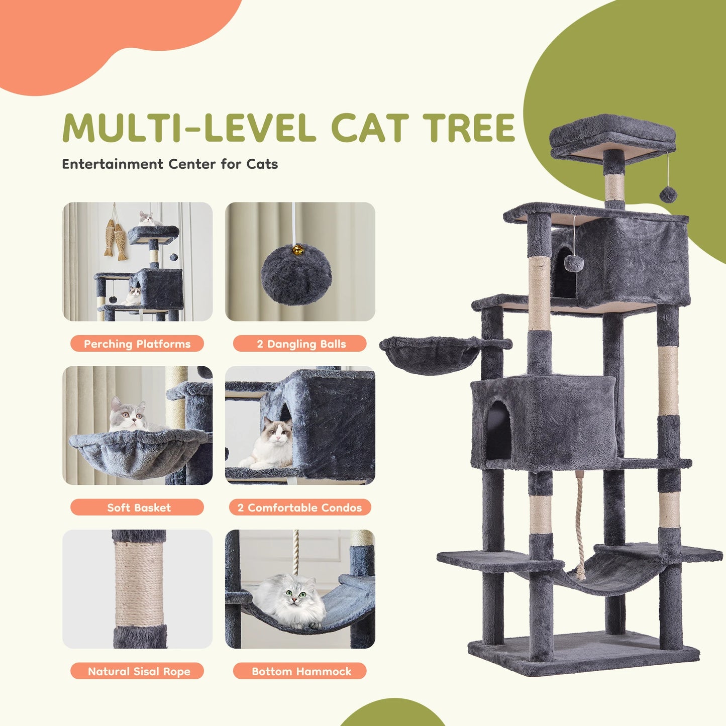 JHK Five Tier Cat Tree Tower With Condo And Sisal Posts