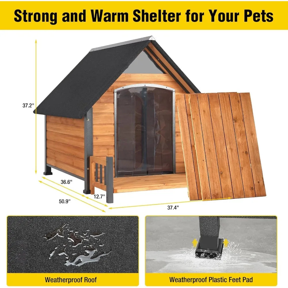 Weatherproof Large Dog House Chew Proof Kennel with Metal Frame for All Breeds