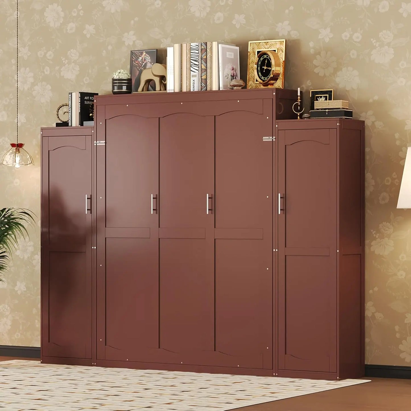 Wood Wall Murphy Bed With Two Closets And Shelving
