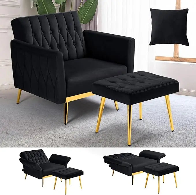 Velvet Accent Chair with Adjustable Armrests Tufted Back and Ottoman