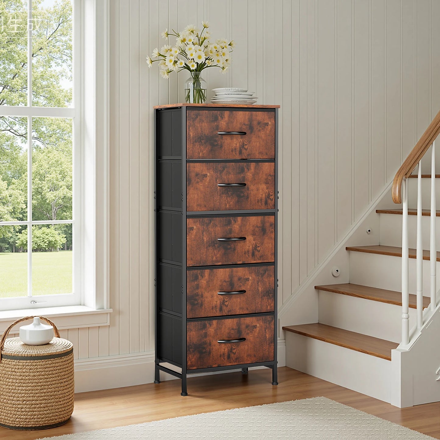 JHK Five Drawer Dresser With Steel Frame For Bedroom