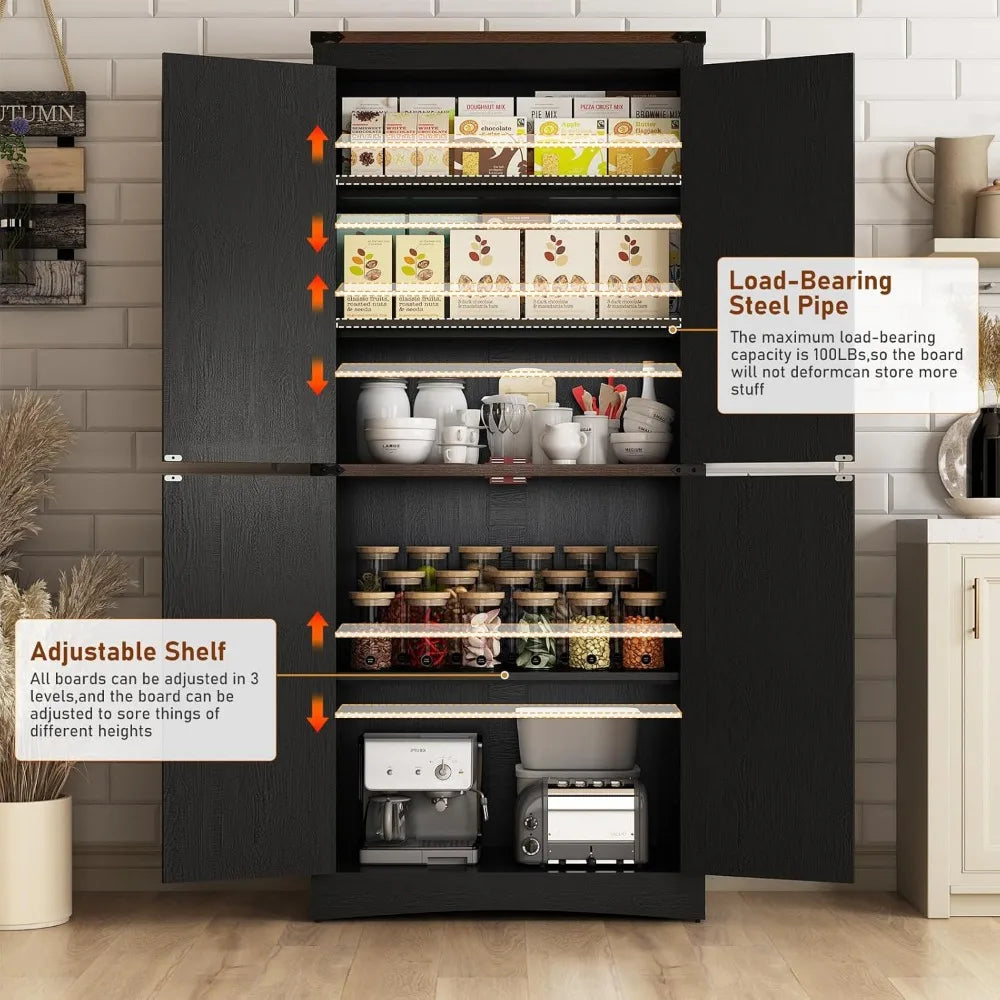 71 Inch Tall Farmhouse Pantry Cabinet with Adjustable Shelves and Steel Pipe