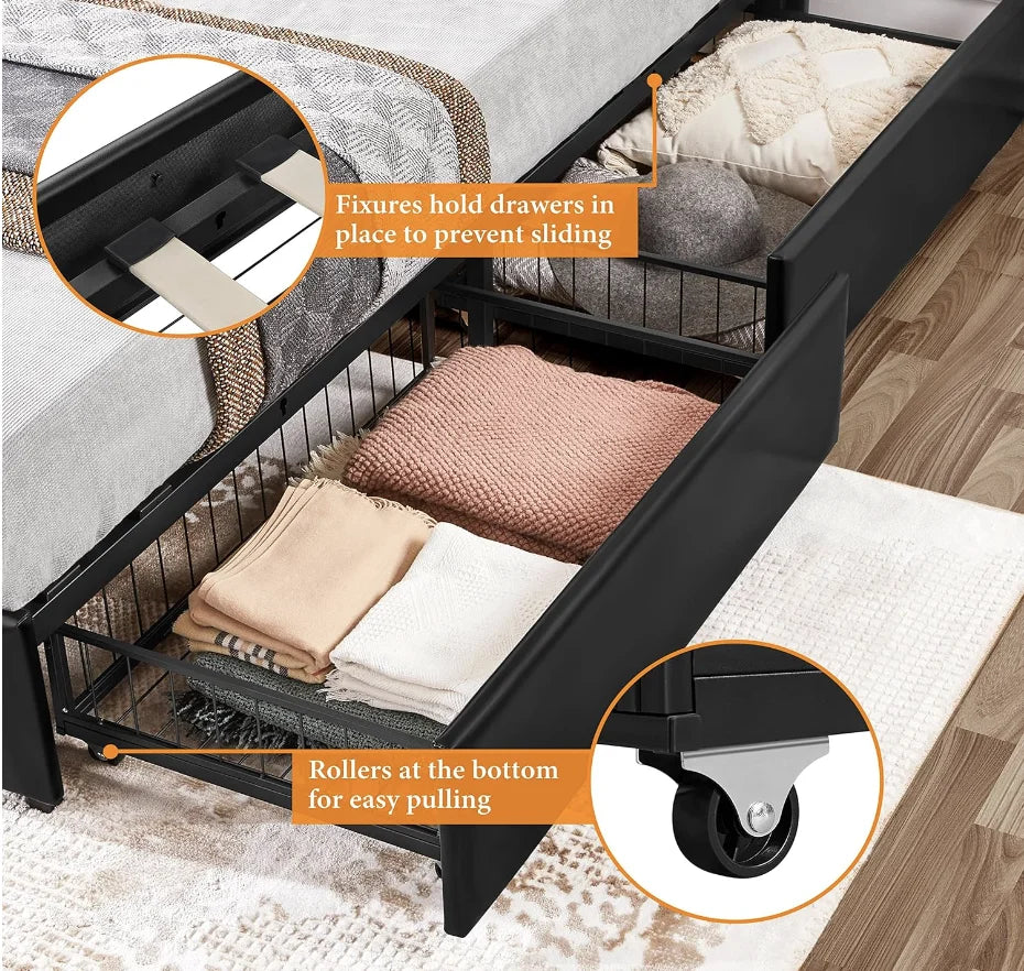Queen Size Upholstered Bed Frame with Drawers and Adjustable Headboard