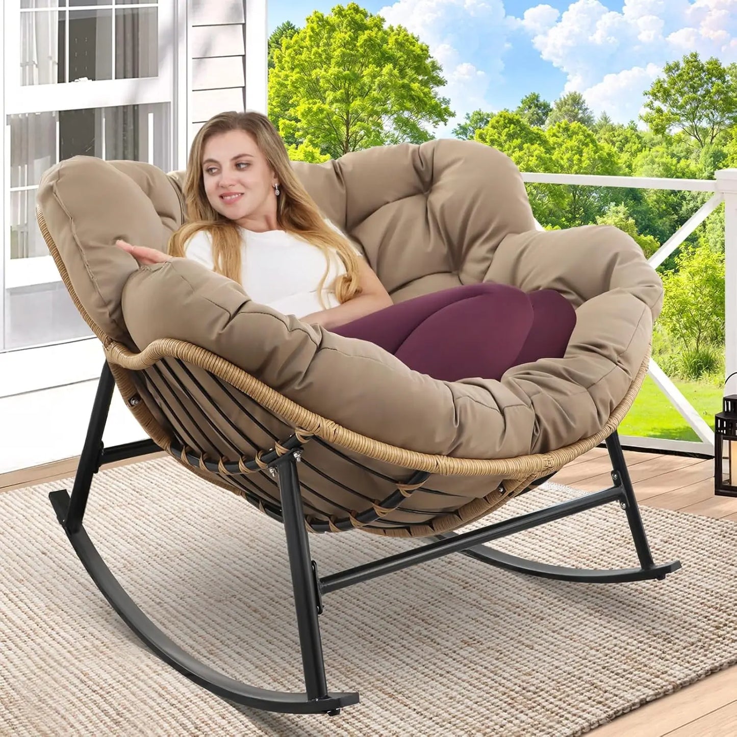 Oversized Rocking Egg Chair with Water Resistant Cushion for Indoor Outdoor Use