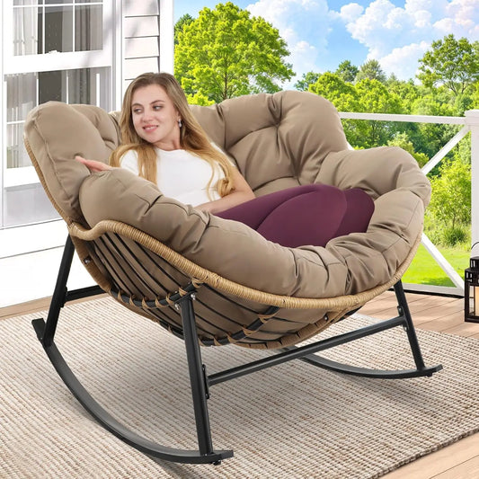 Oversized Rocking Egg Chair with Water Resistant Cushion for Indoor Outdoor Use
