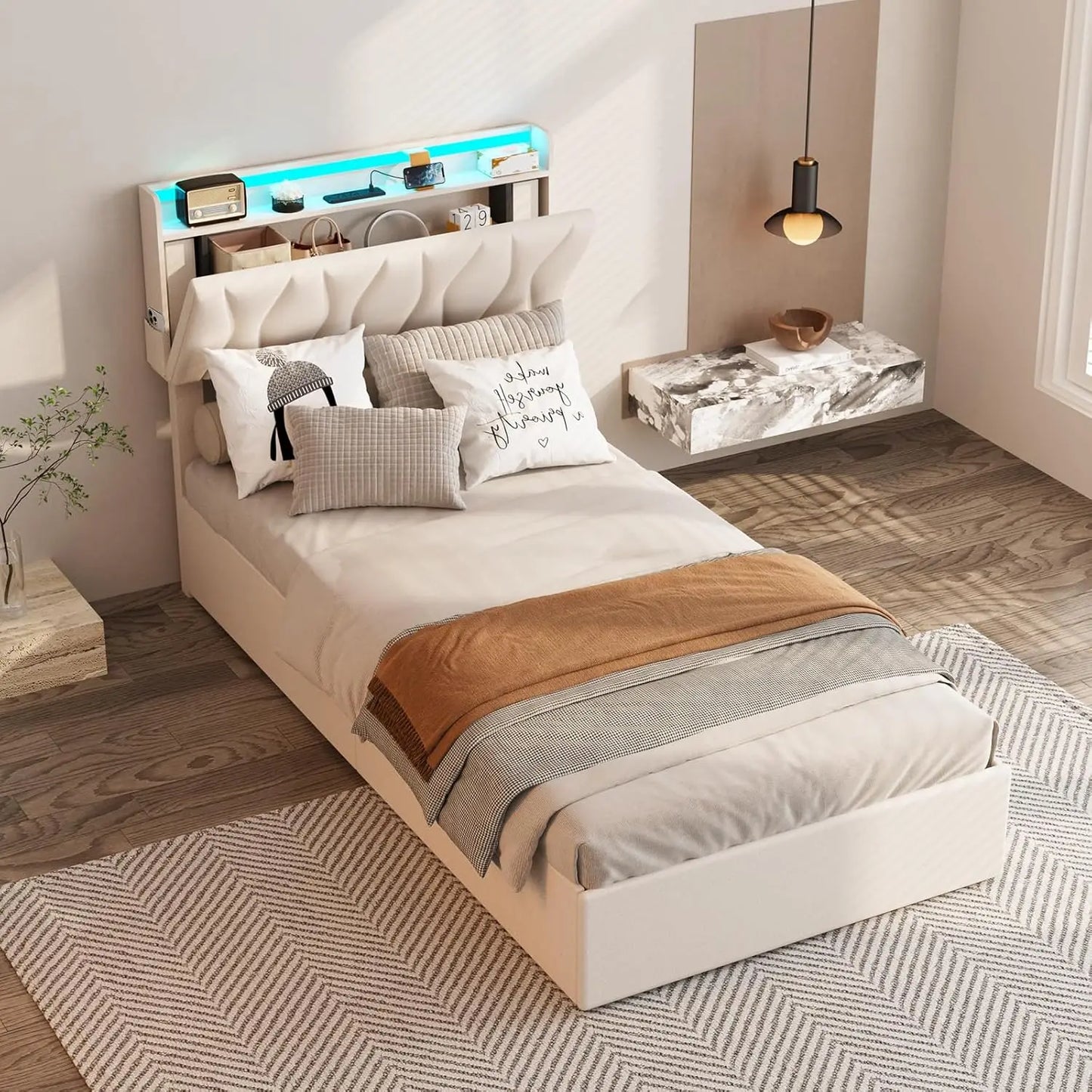 Vabches Lift Up Bed Frame With Storage Headboard And Led