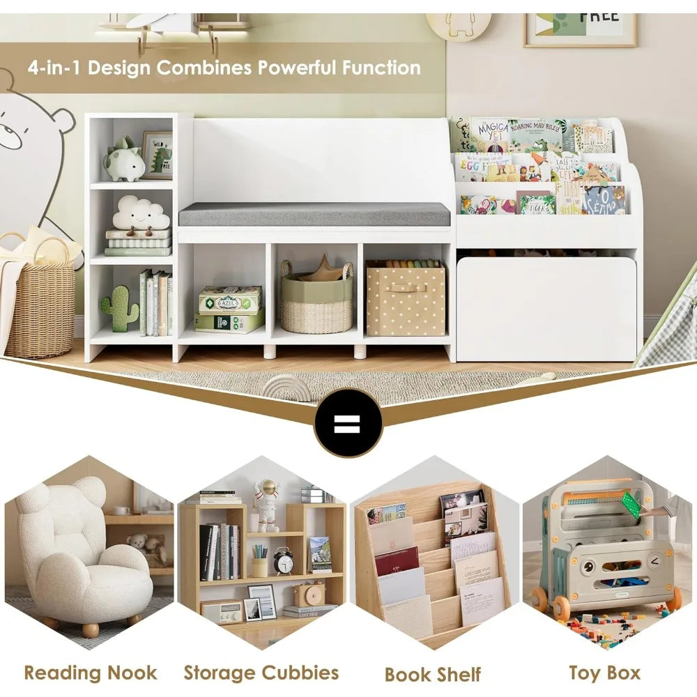 HOSTACK 67 Inch Kids Reading Nook with Bench Bookshelf and Storage Cubbies