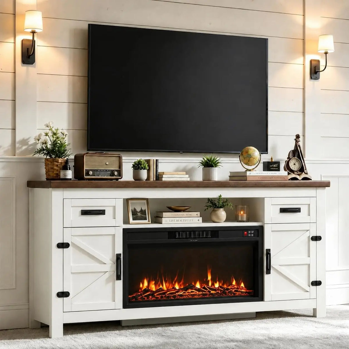 Farmhouse Fireplace TV Stand With Barn Doors And Storage