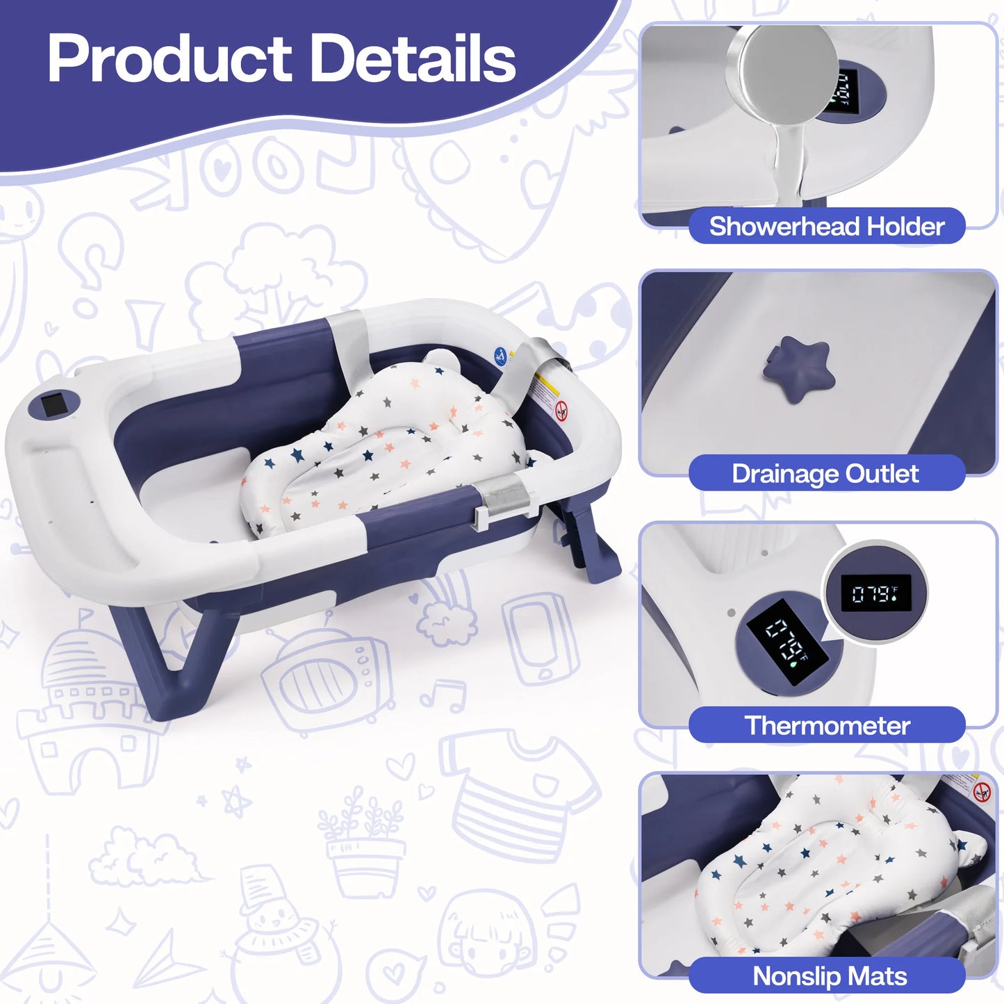 Baby Bathtub With Soft Cushion And Thermometer Portable Tub