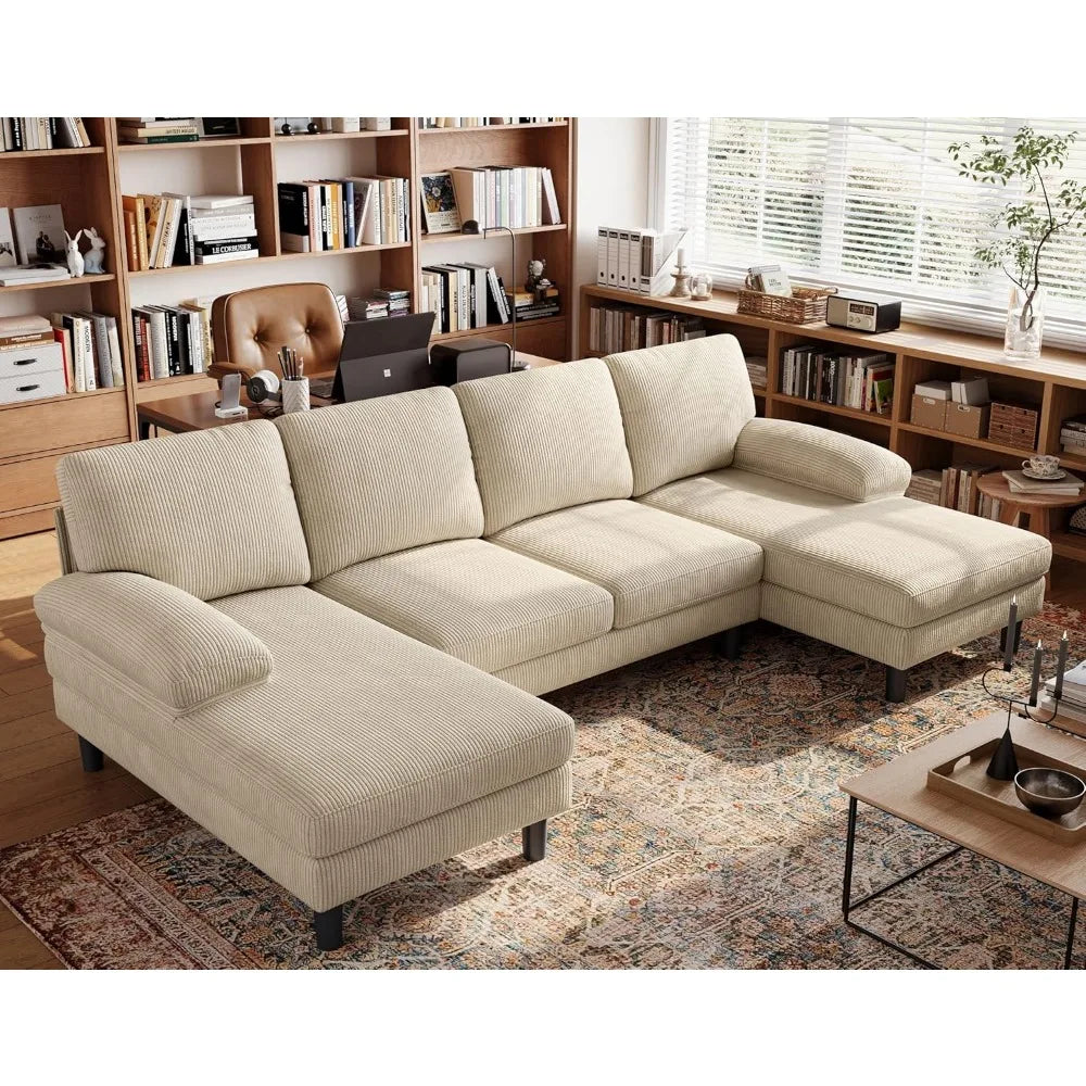 Corduroy U Shaped Sectional Sofa With Sleepable Armrests
