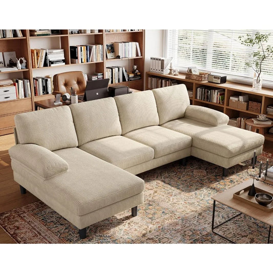 Corduroy U Shaped Sectional Sofa With Sleepable Armrests