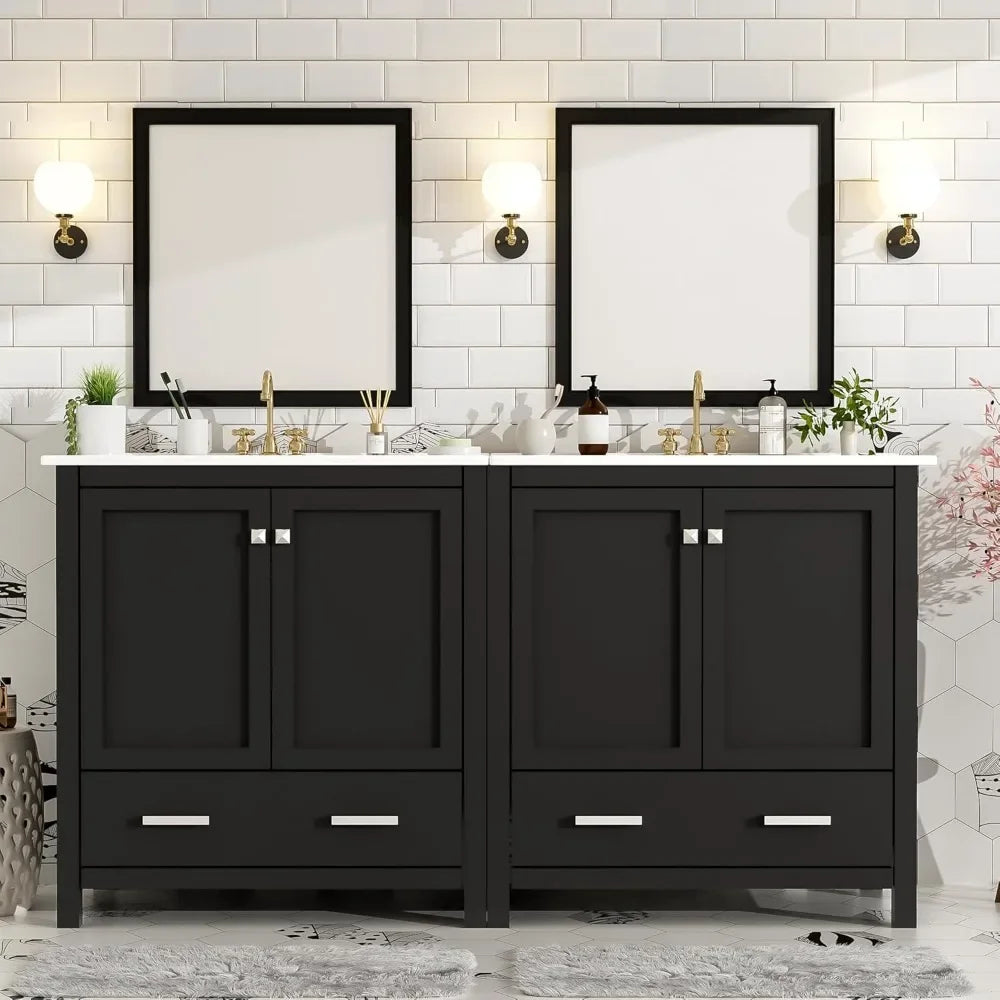 60 Inch Solid Wood Bathroom Vanity with Double Sink and Storage Cabinets