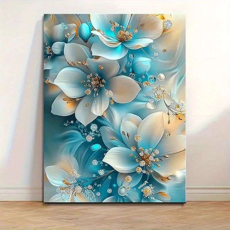 Elegant Framed Oil Painting of Blue and White Flowers with Gold Accents