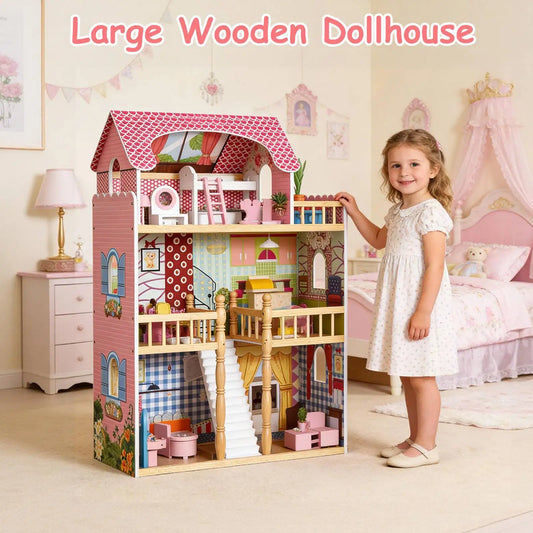 3 Story Wooden Dollhouse With 14 Accessories For Kids