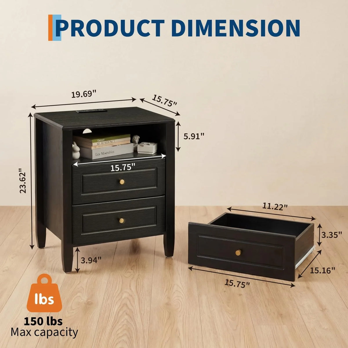 Modern Wooden Nightstand With Charging Station Open Shelf