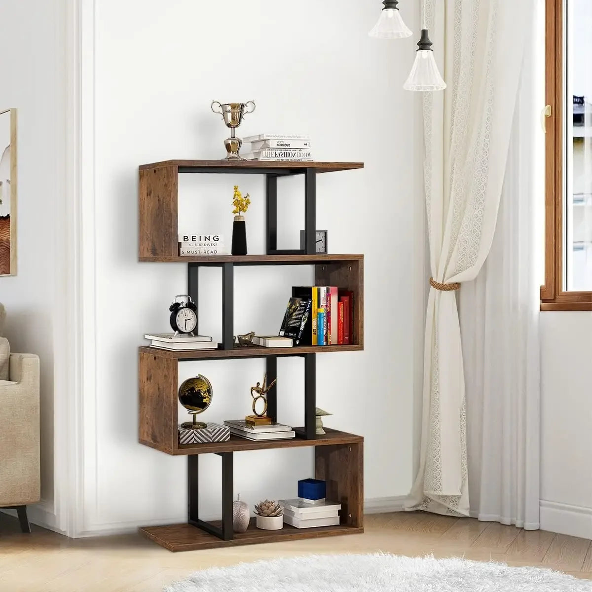 Modern 5 Tier S Shaped Bookshelf Multifunctional Geometric Storage Display Shelf