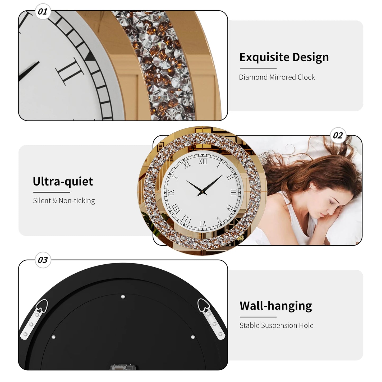 Glam Sparkle Mirrored Wall Clock For Modern Home Decor