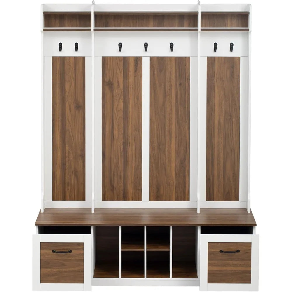 58.8 Inch Wide Hall Tree with Bench Coat Rack Hooks Drawers and Adjustable Shelves